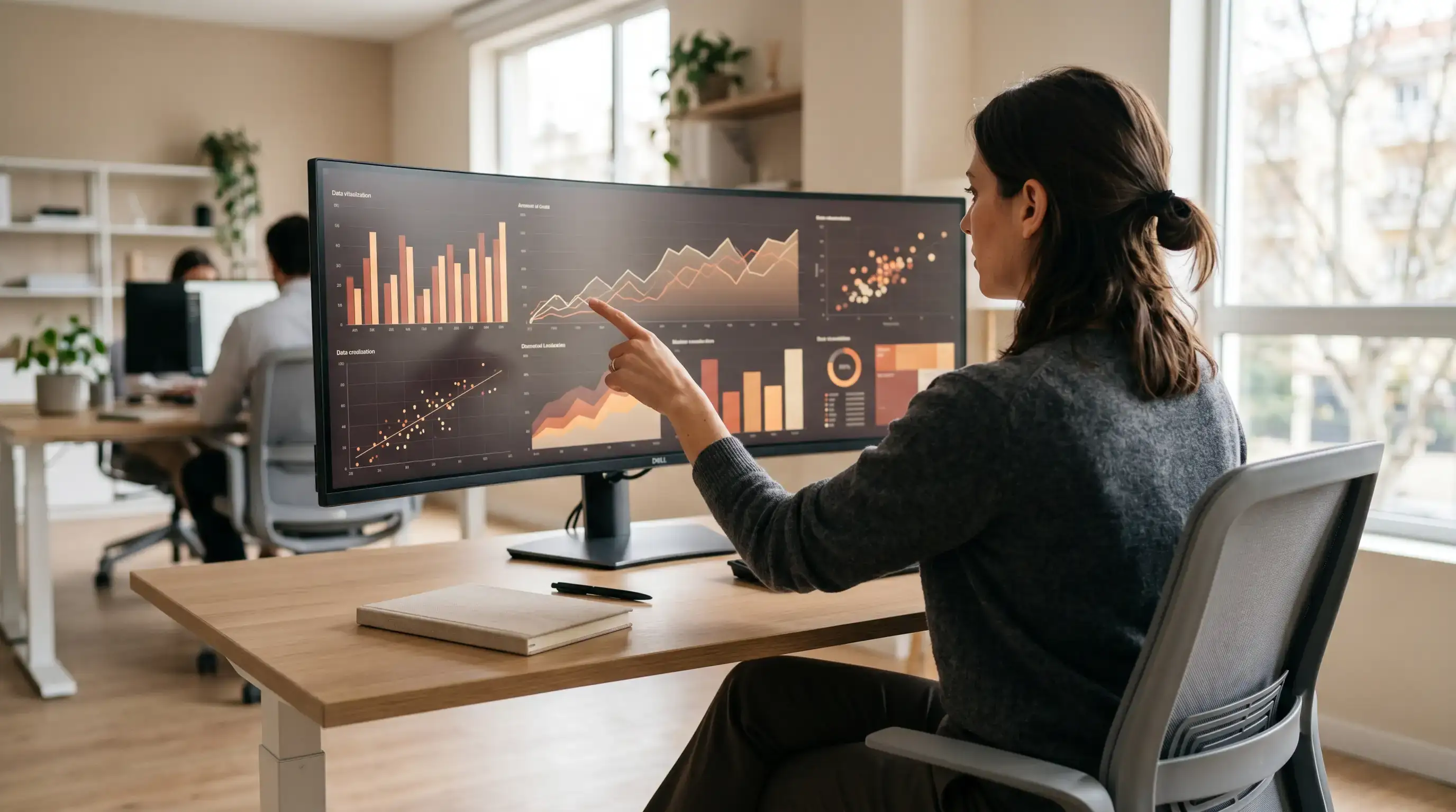Analista revisando en un monitor grande un panel de datos sectoriales sobre apuestas deportivas online en España